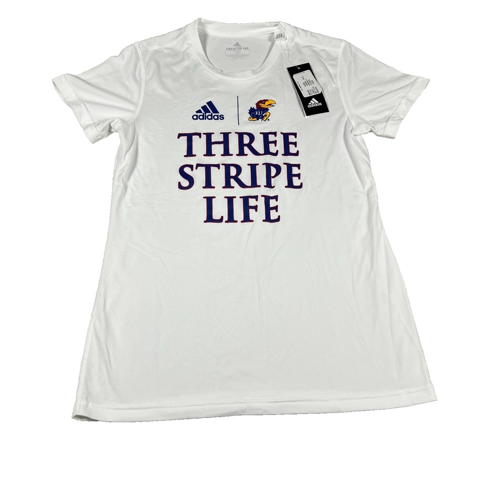 Adidas Womens Size S White Kansas Jayhawks KU Three Stripe Life Creator Tee NWT